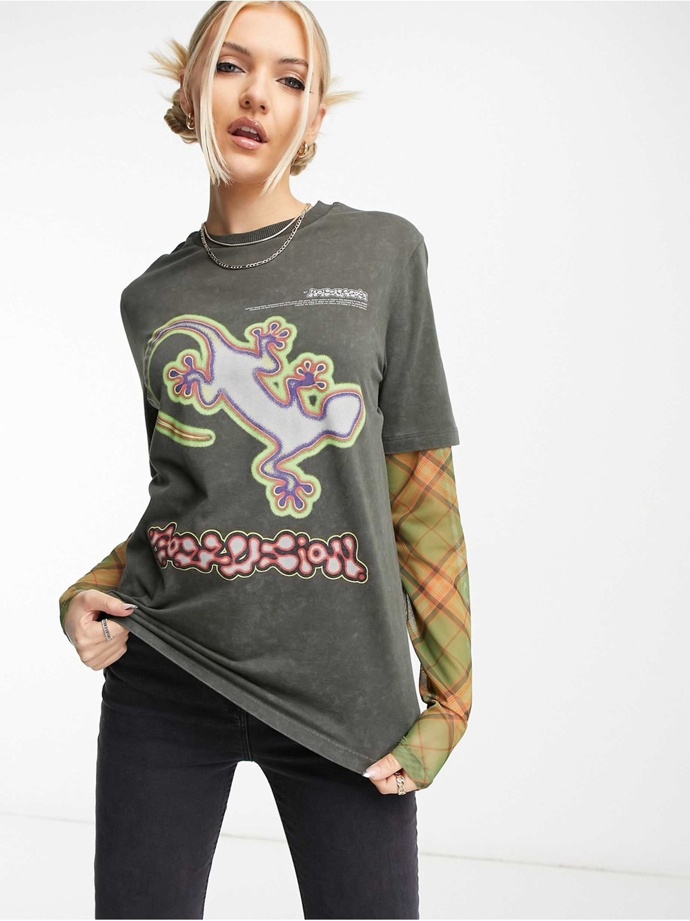 COLLUSION lizard printed T-shirt Mesh Sleeves Military Green Oversized 4 Grunge